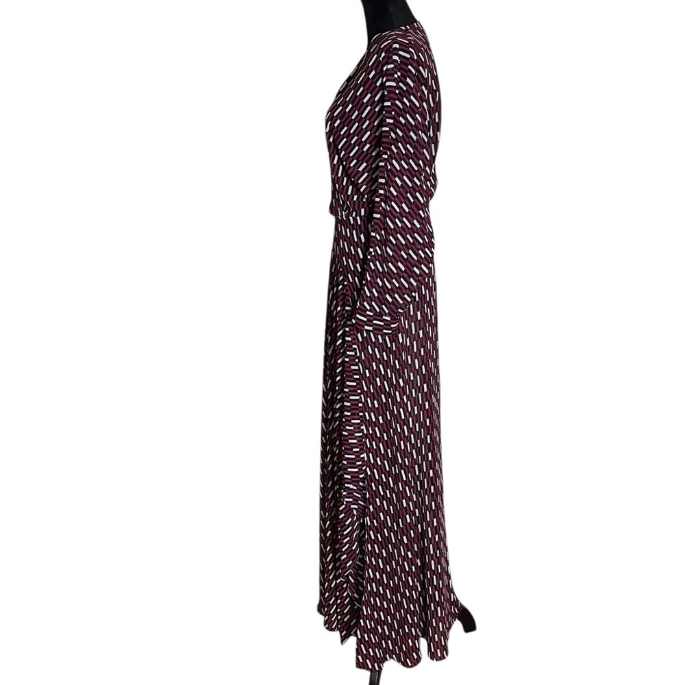 Maje Blue White Red Print Sheer Faux Wrap Raglan Sleeve Dress — 2 (Medium) - Picture 6 of 16